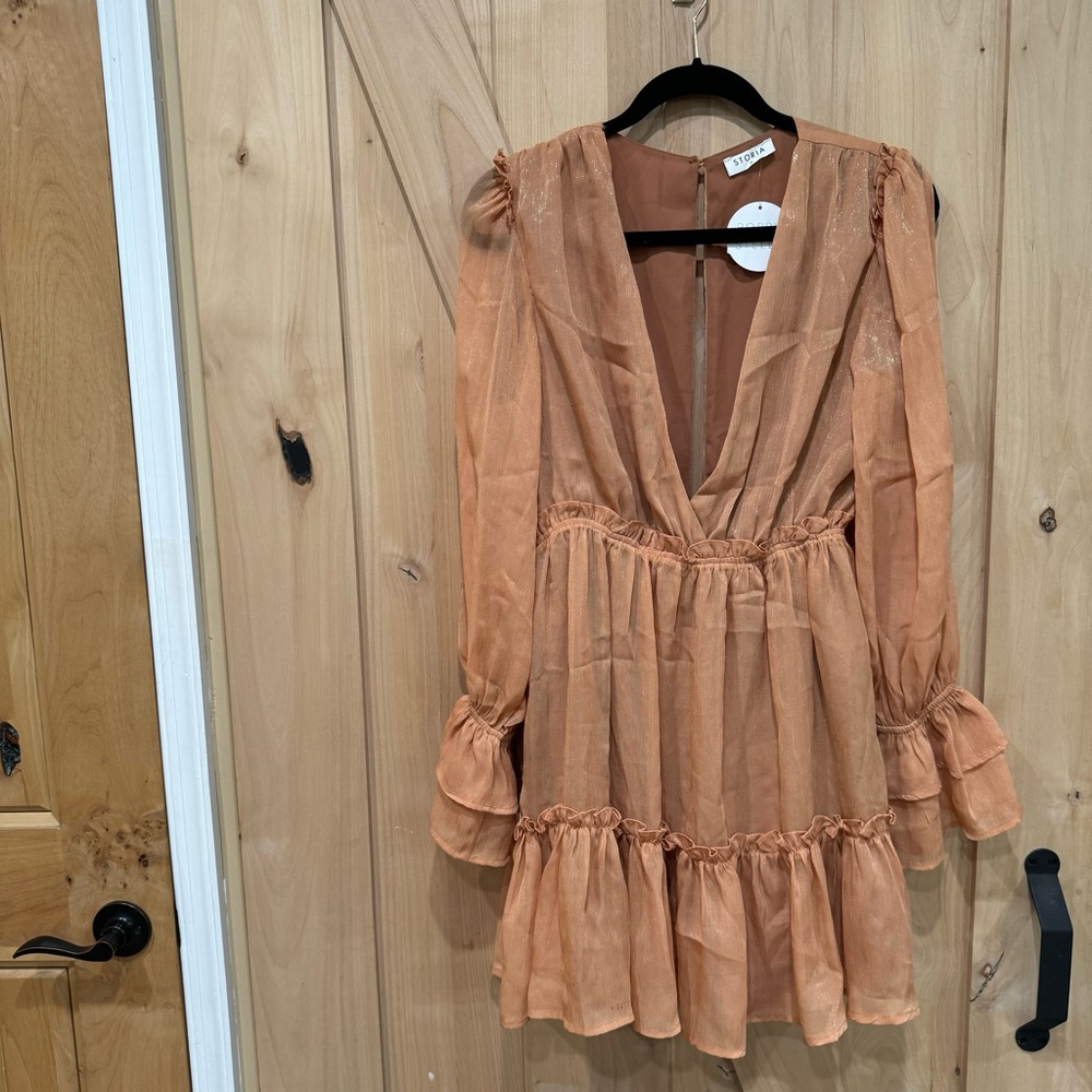 Storia Rosa Ruffled Mini Dress Size Medium Sheer peasant sleeves babydoll dress